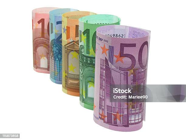 Euro Notes In A Row — стоковые фотографии и другие картинки Банковское дело - Банковское дело, Без людей, Белый