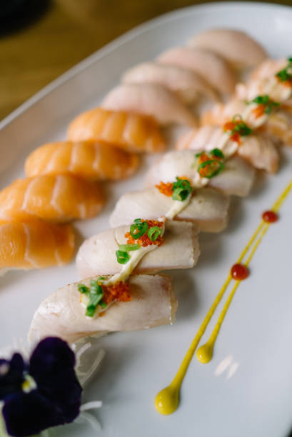 istock Salmon and tuna sushi on a plate 1158739317