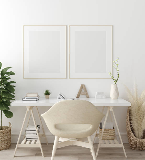 istock Poster mock up in home interior background, home office, Scandi-boho style 1158739422