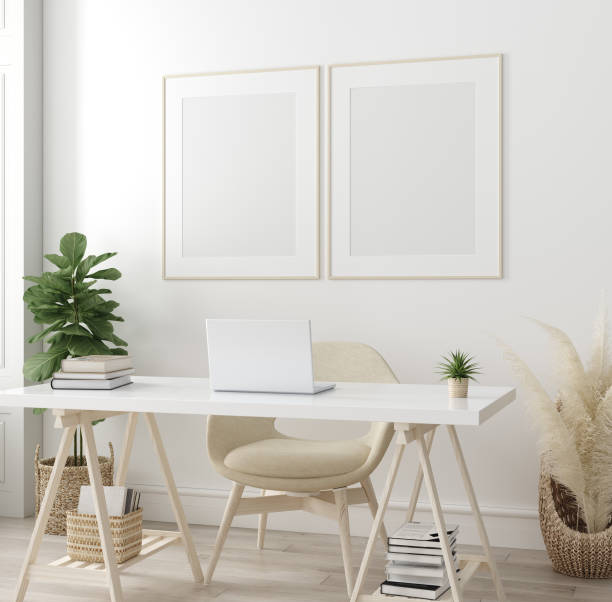 istock Poster mock up in home interior background, home office, Scandi-boho style 1158739454