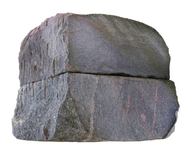 Big rough  square aged  red  granite stones burger concept . Isolated on white