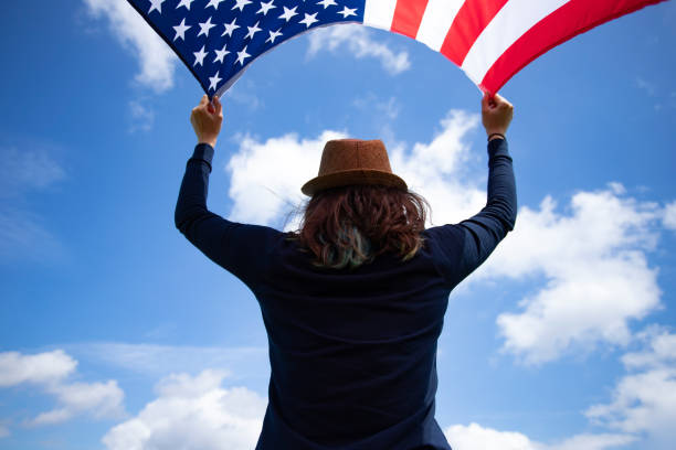 Woman with USA flag.
