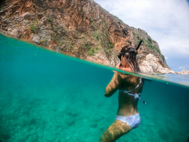 istock Woman snorkeling in clear water 1158748072