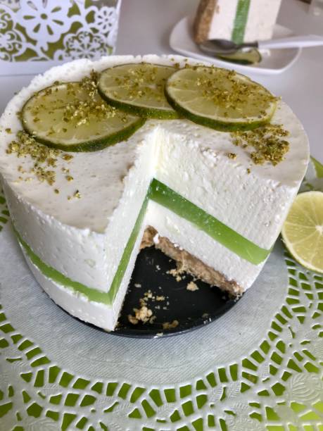istock Lime cheesecake without baking. Decorated with lime slices. The piece is cut off. Lies on a plate. 1158750045