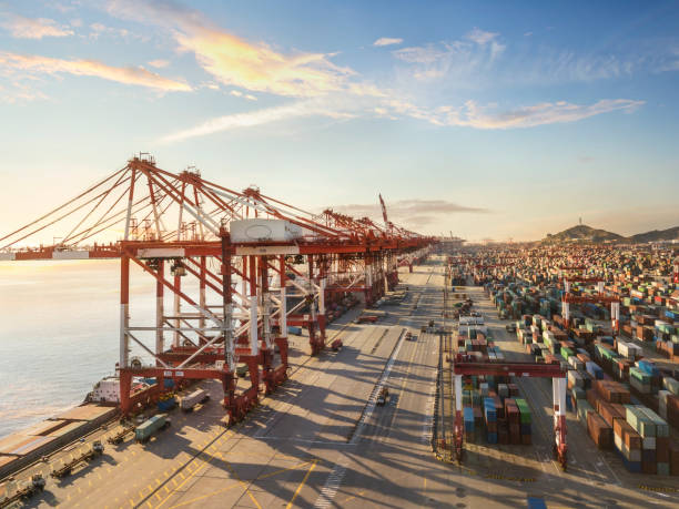 istock Container terminal handling area, aerial view 1158753856