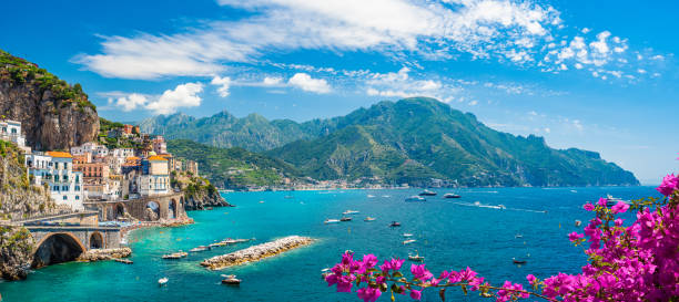 Landscape with Amalfi coast Landscape with Atrani town at famous Amalfi coast, Italy naples italy photos stock pictures, royalty-free photos & images