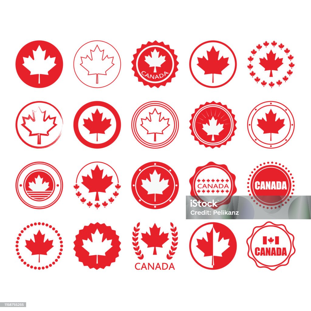 Красный флаг Канады и кленовый лист знак круг эмблемы и марки дизайн элементов, установленных на белом фоне - Векторная графика Канада роялти-фри