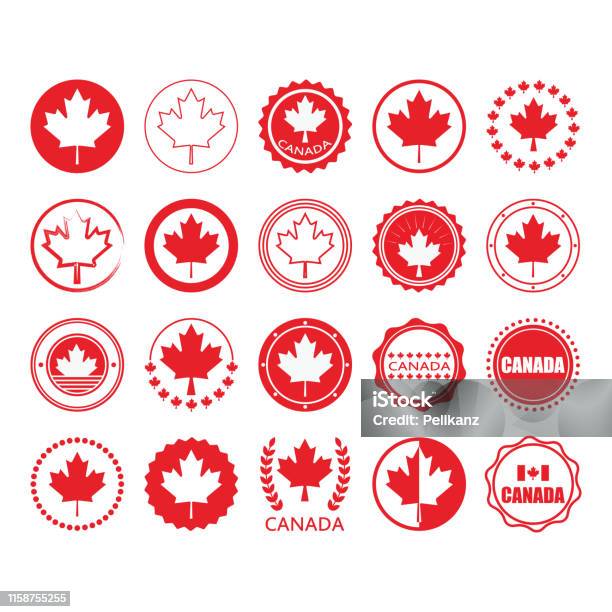 Красный Флаг Канады И Кленовый Лист Знак Круг Эмблемы И Марки Дизайн Элементов Установленных На Белом Фоне — стоковая векторная графика и другие изображения на тему Канада