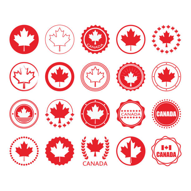Red Canada flag and maple leaf sign circle emblems and stamps design elements set on white background Red Canada flag and maple leaf sign circle emblems and stamps design elements set on white background canada stock illustrations