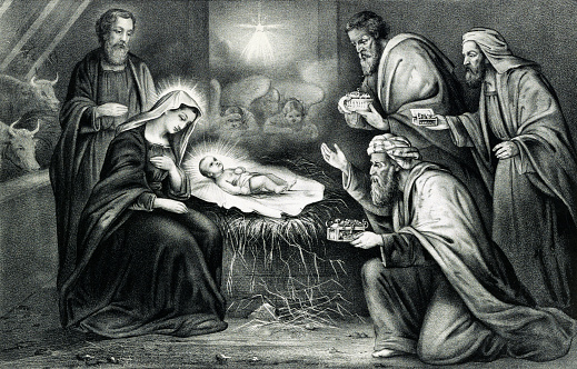 Vintage Biblical illustration features the Nativity of Jesus Christ as described in the Gospels of Luke and Matthew.