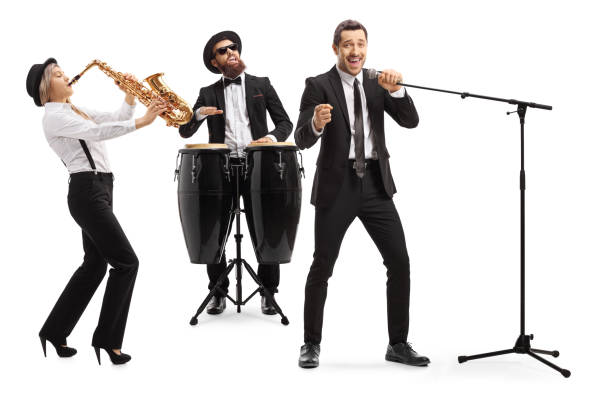 istock Band playing on a sax and conga drums and a singer singing on a microphone 1158757161