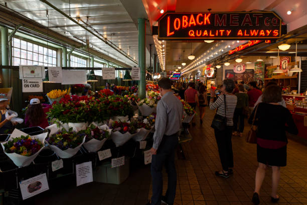 seattle szczupak miejsce publicznego rynku stoisko kwiatowe - pike place market market seattle tourist zdjęcia i obrazy z banku zdjęć