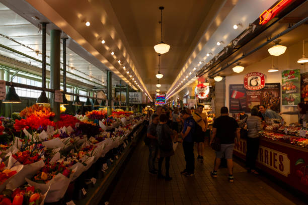 seattle szczupak miejsce publicznego rynku stoisko kwiatowe - pike place market market seattle tourist zdjęcia i obrazy z banku zdjęć