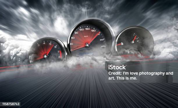 Speedometer Scoring High Speed In A Fast Motion Blur Racetrack Background Speeding Car Background Photo Concept Stock Photo - Download Image Now