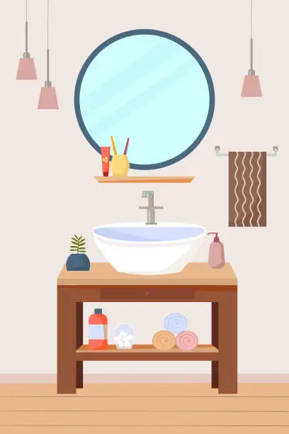 Vector illustration of Bathroom interior furniture with sink and wooden shelf, a round mirror, lamps, towels. Flat vector illustration