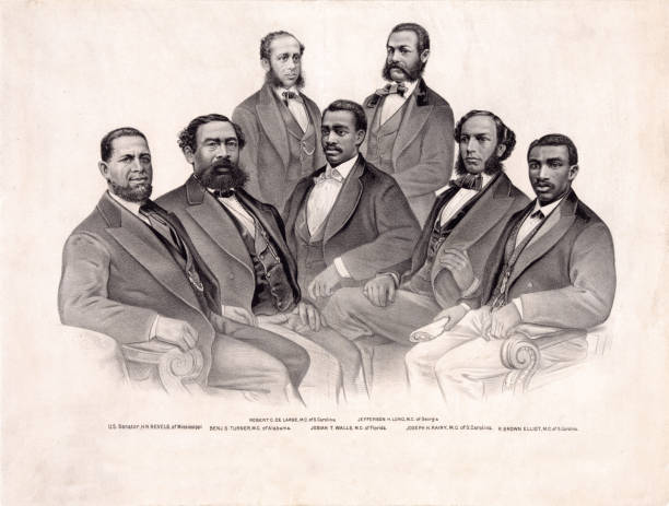 First African-American Senators and Representatives to Serve in Congress Vintage portrait features the first African-American Senators and Representatives in the 41st and 42nd Congress of the United States, 1869-1873. american slavery stock illustrations