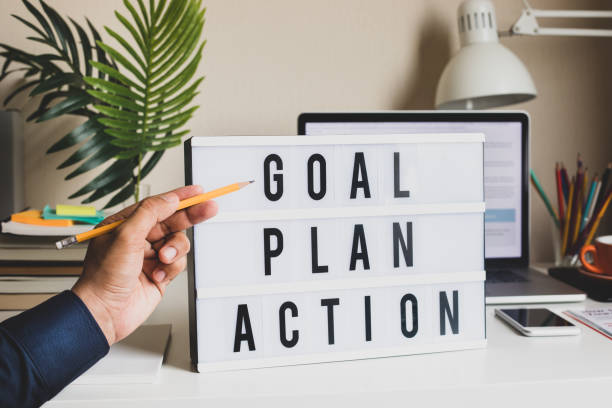 istock Goal,plan,action concepts with male hand showing text on light box on desk table in home office 1158764218