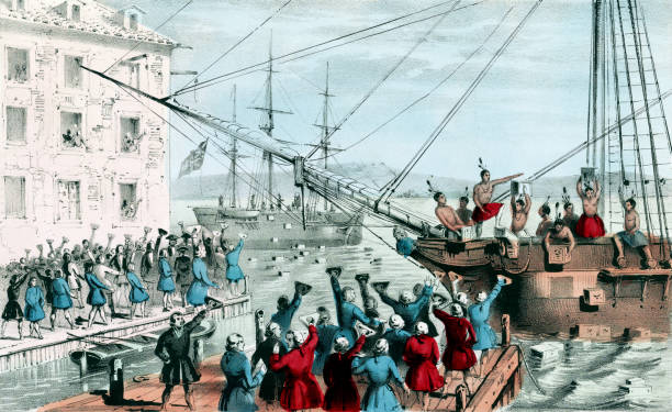 The Boston Tea Party, 1773 Vintage illustration features the Boston Tea Party, a political protest that occurred on December 16, 1773, at Griffin’s Wharf in Boston, Massachusetts. American colonists, frustrated and angry at Britain for imposing “taxation without representation,” dumped 342 chests of British tea into the harbor. The event was the first major act of defiance to British rule over the colonists and a significant event that led to the American Revolution. massachusetts illustrations stock illustrations