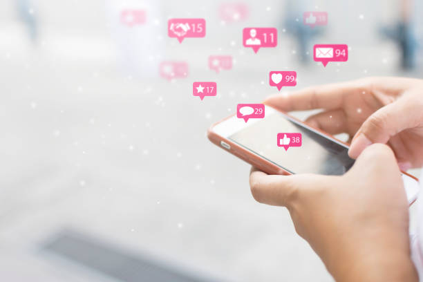 istock Women using the phone communication with social media networks with icons, user participation and digital marketing . Modern communication technology concepts 1158765113