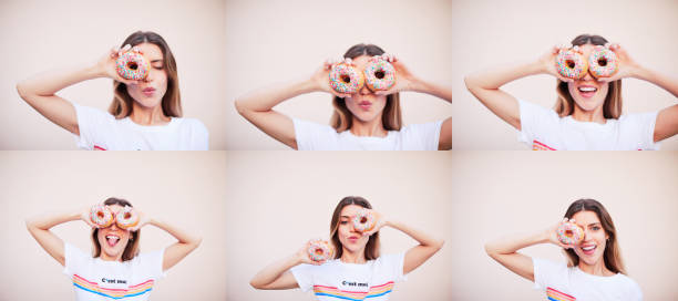 Composite Young beautiful blonde millenial posing for social media.