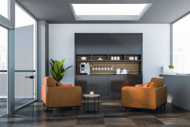 istock White office waiting room interior, coffee machine 1158765454