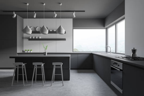 istock Gray and wooden kitchen, bar and stools 1158765492