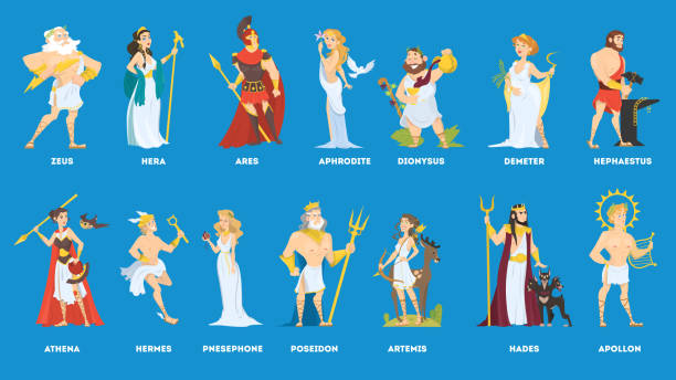 Set of Olympian greek gods and goddess Set of Olympian greek gods and goddess. Hermes and Artemis, Poseidon and Demeter. Vector flat illustration zeus stock illustrations
