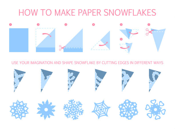 How to make christmas white snowflake How to make christmas white snowflake of different shape diy. Step-by-step instruction for paper origami toy. Tutorial for children. Isolated vector flat illustration origami instructions stock illustrations