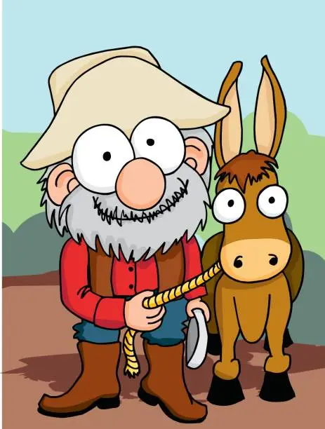 Vector illustration of Old Prospector and Mule