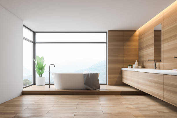istock Loft wooden bathroom interior, tub and sink 1158769390