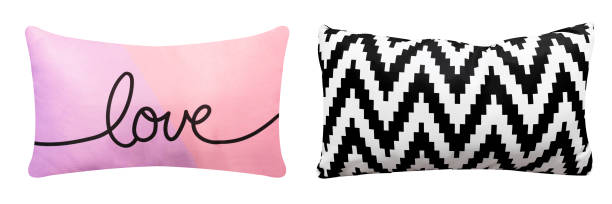 Pillow Cotton Isolated on White Background with Clipping Path for Bedding Design. Close Up of Soft Comfortable Black and White Zigzag, Pink and Purple Love Text Heart Pillows for Sleeping Comfortable.