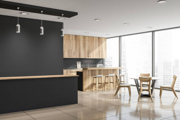 istock Large gray bar counter in wooden kitchen, table 1158771893