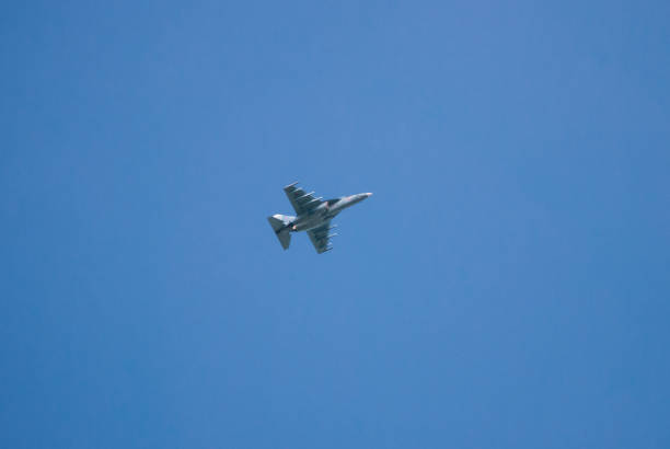 istock Russian fighter against a clear blue sky. Fighter aircraft sortie, 1158778799
