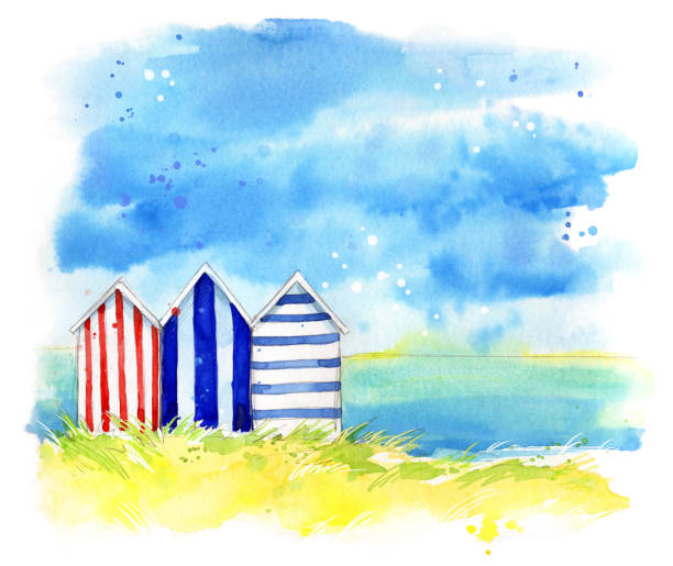 Beach huts by the sea, watercolor  painting Beach huts by the sea, watercolor  painting beach hut stock illustrations