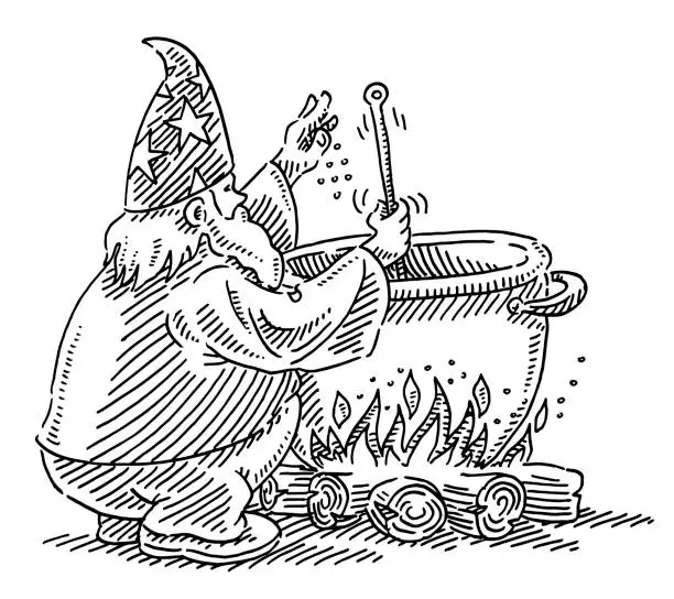 Vector illustration of Wizard Cooking Elixir In Cauldron Drawing