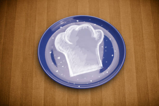 Colorful plate with hand drawn white chef symbol on grungy background