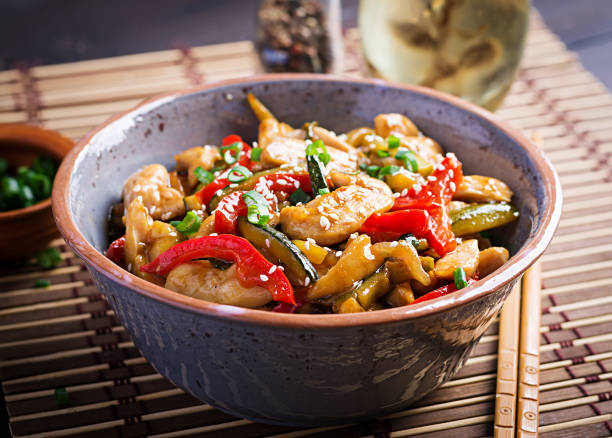 Stir fry chicken, zucchini, sweet peppers and green onion. Asian cuisine Stir fry chicken, zucchini, sweet peppers and green onion. Asian cuisine stir fried stock pictures, royalty-free photos & images