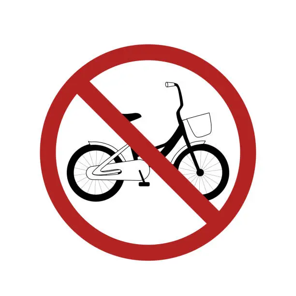 Vector illustration of Black silhouette bike in the prohibition sign. Ban on cycling. Child bike in the ban. Vector element