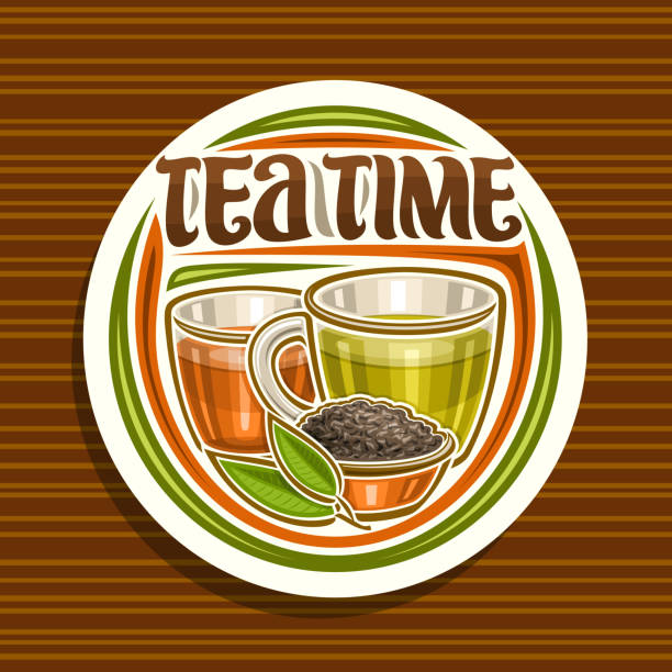 Vector label for Tea Time Vector label for Tea Time, round badge with illustration of 2 glass cups with yellow and brown liquid, metal bowl with loose tea and sprig, decorative typeface for words tea time on striped background. assam stock illustrations