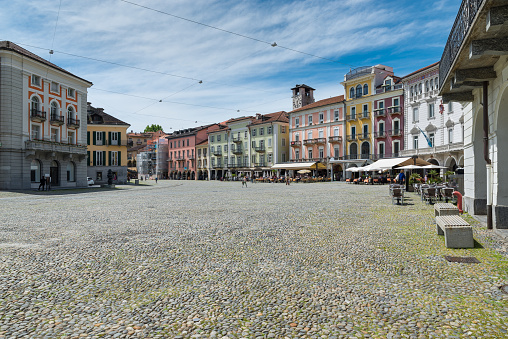 Locarno, square Grande ( piazza Grande ), the main square of Locarno, with shops and restaurants, located in the old and historic part of the city. Locarno is an important tourist city located in southern Switzerland (Italian Switzerland), in the Canton Ticino, on the shore of Lake Maggiore. The town is known for hosting the Locarno International Film Festival which takes place every year in August outdoors in this square