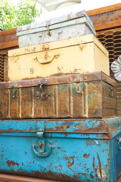 istock Stack of Metal rusty suitcases - vintage decoration for interior or garden. 1158785459