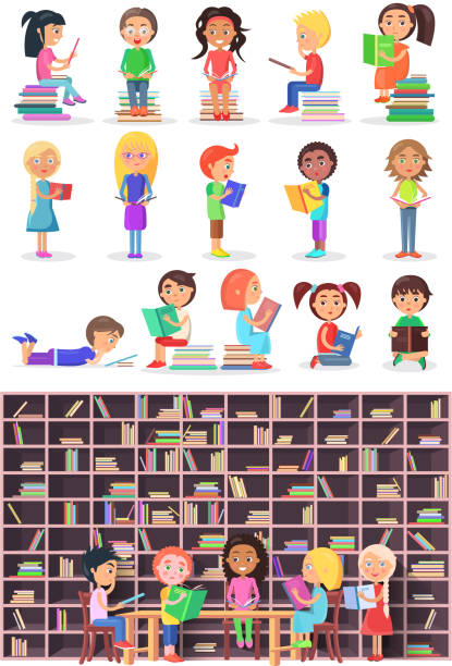 소년, 책을 가진 여자. 고립 된 어린이, 유아 - picture book library preschool bookshelf stock illustrations