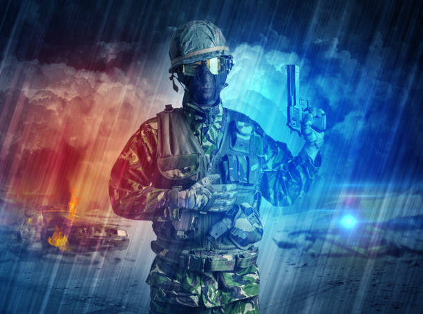 istock Armed soldier standing in the middle of dust storm 1158787776