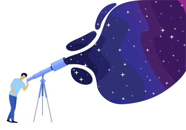 Man Watching Night Starry Sky through Telescope Man Watching Night Starry Sky through Telescope. Astronomy Science Hobby, Isolated Illustration. Guy Looking at Stars and Constellations Using Optical Tool with Zoom. Flat Vector Cosmic Space Cartoon starry sky telescope stock illustrations