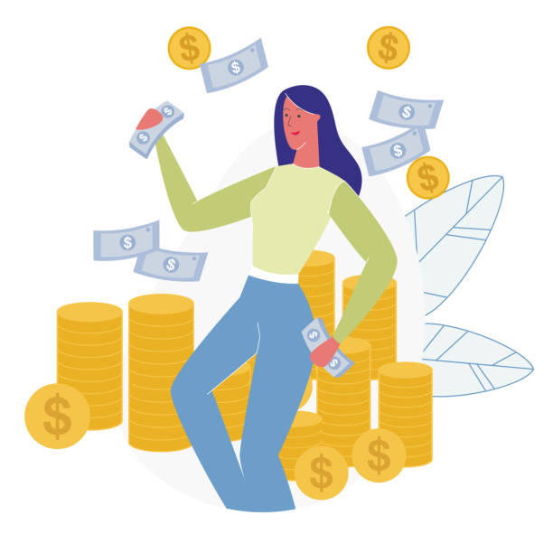 ilustraciones, imágenes clip art, dibujos animados e iconos de stock de feliz mujer de negocios bailando con dinero en las manos - human hand beak currency stack