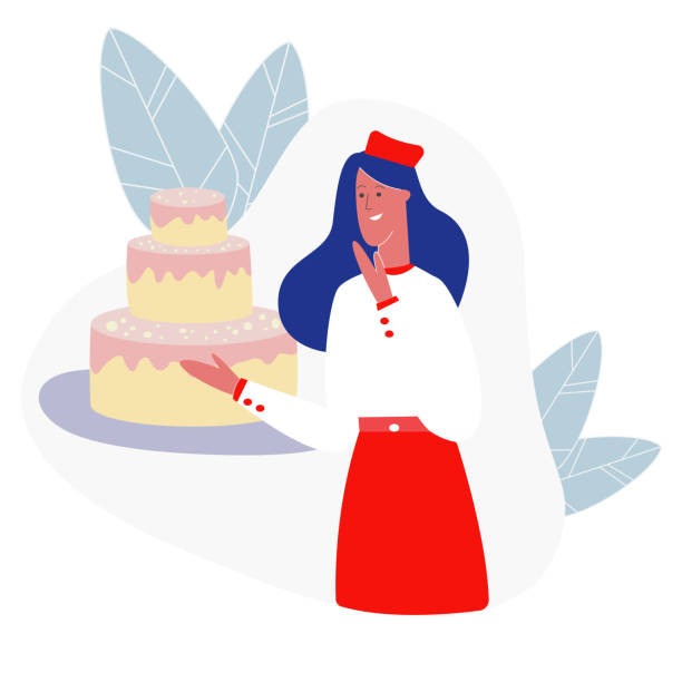 illustrations, cliparts, dessins animés et icônes de jeune confiseur de femme présentant le gâteau festif - cake wedding isolated food and drink industry
