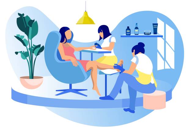 Woman Visiting Beauty Salon Manicure and Pedicure Woman Visiting Beauty Salon, Masters Doing Manicure and Pedicure, Barbershop Interior for Girls, Grooming Place, Club with Professional Devices, Fashion, Spa Body Care Cartoon Flat Vector Illustration massaging illustrations stock illustrations