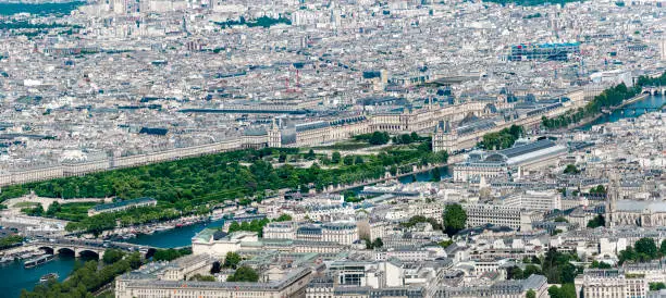 Aerial view of Louvre museum with pyramid and Tuileries; Garden, Musée d'Orsay, Centre de Pompidu and Concorde bridge on Seine river in Paris, France