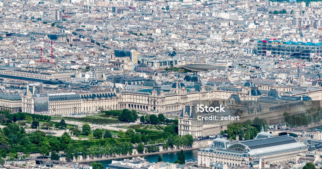 Aerial view of Louvre museum with pyramid, Musée d'Orsay and Centre de Pompidu in Paris, France Paris - France Stock Photo