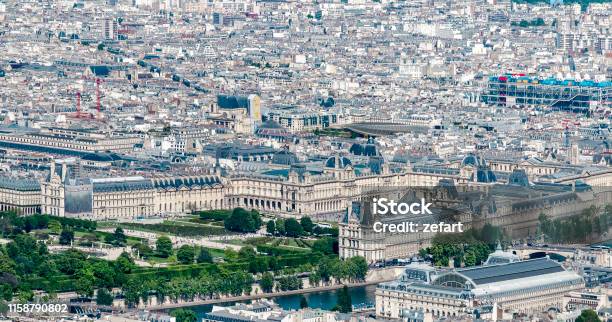 Aerial View Of Louvre Museum With Pyramid Musée Dorsay And Centre De Pompidu In Paris France Stock Photo - Download Image Now